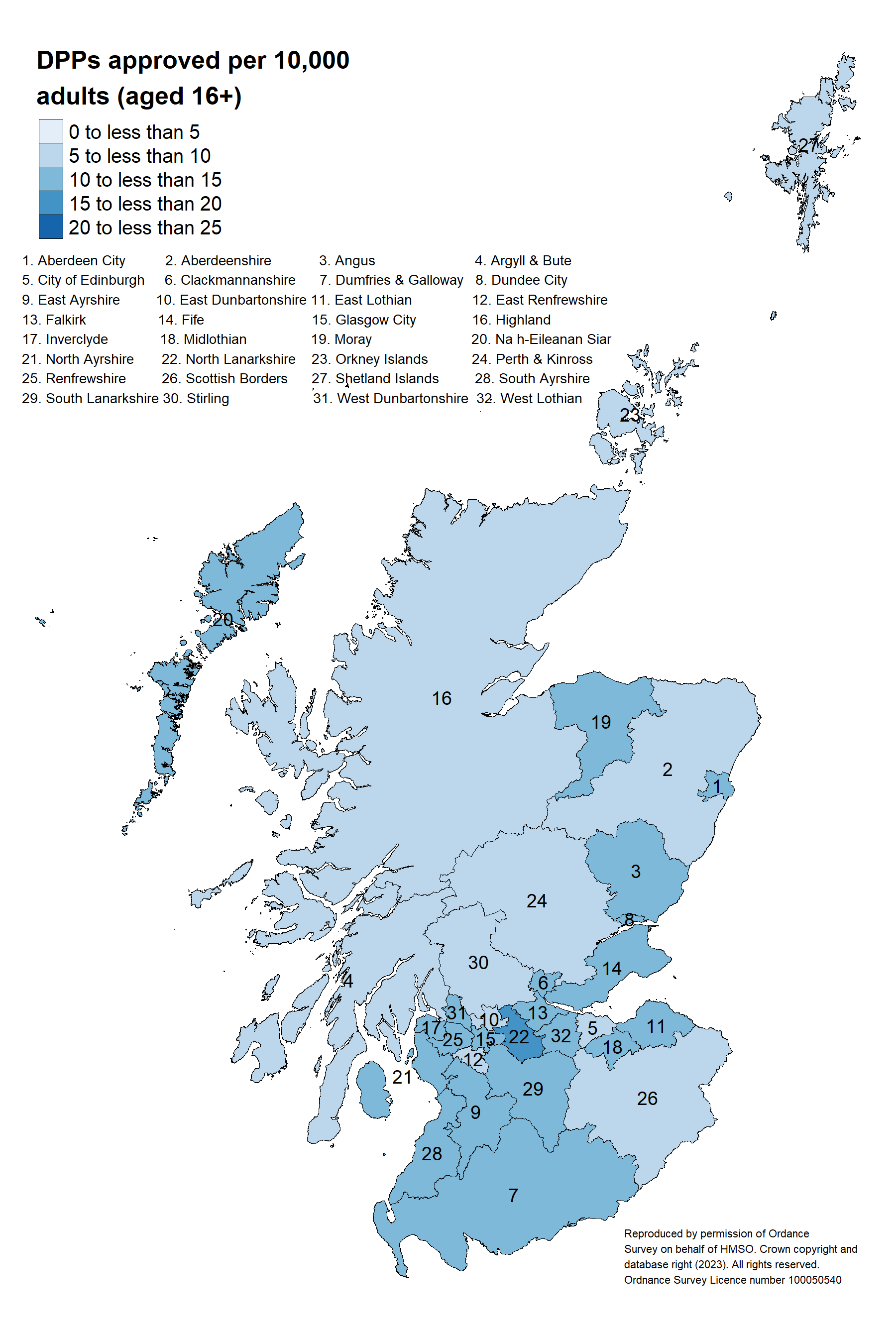 Heat Map 3 shows the DAS DPP rates in each local authority in 2022-23 by grouping intervals of 5. This heat map shows that North Lanarkshire is in one of the highest groupings.